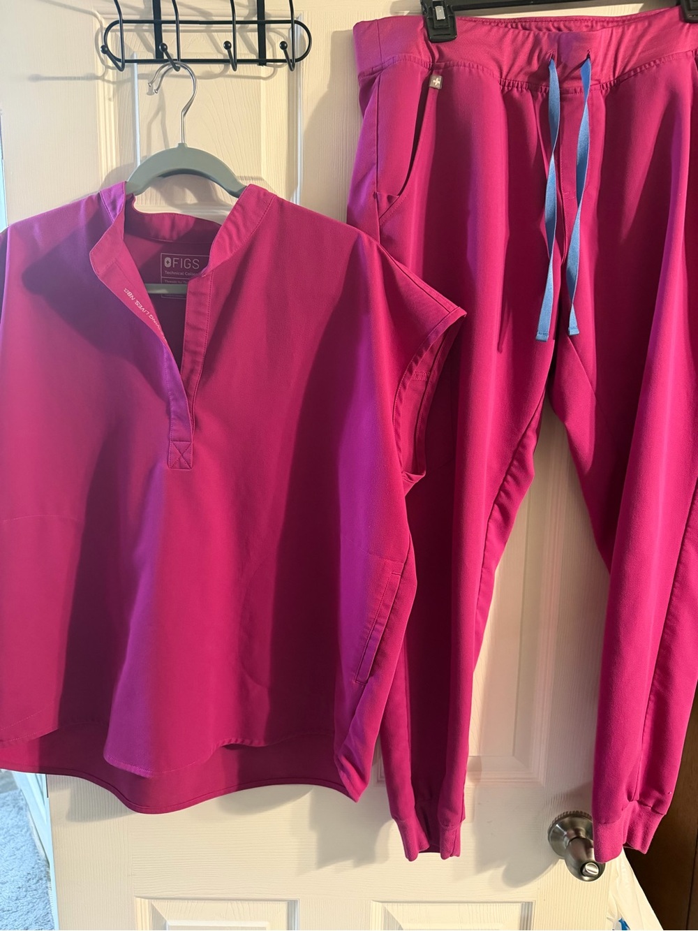 Figs Raspberry Sorbet Scrub Top & Jogger Set with Blue Drawstrings
